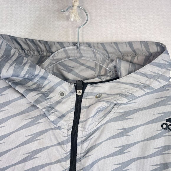 ADIDAS Womens XL Gray Striped Hooded Windbreaker Athletic Full Zip Pockets - Picture 9 of 13